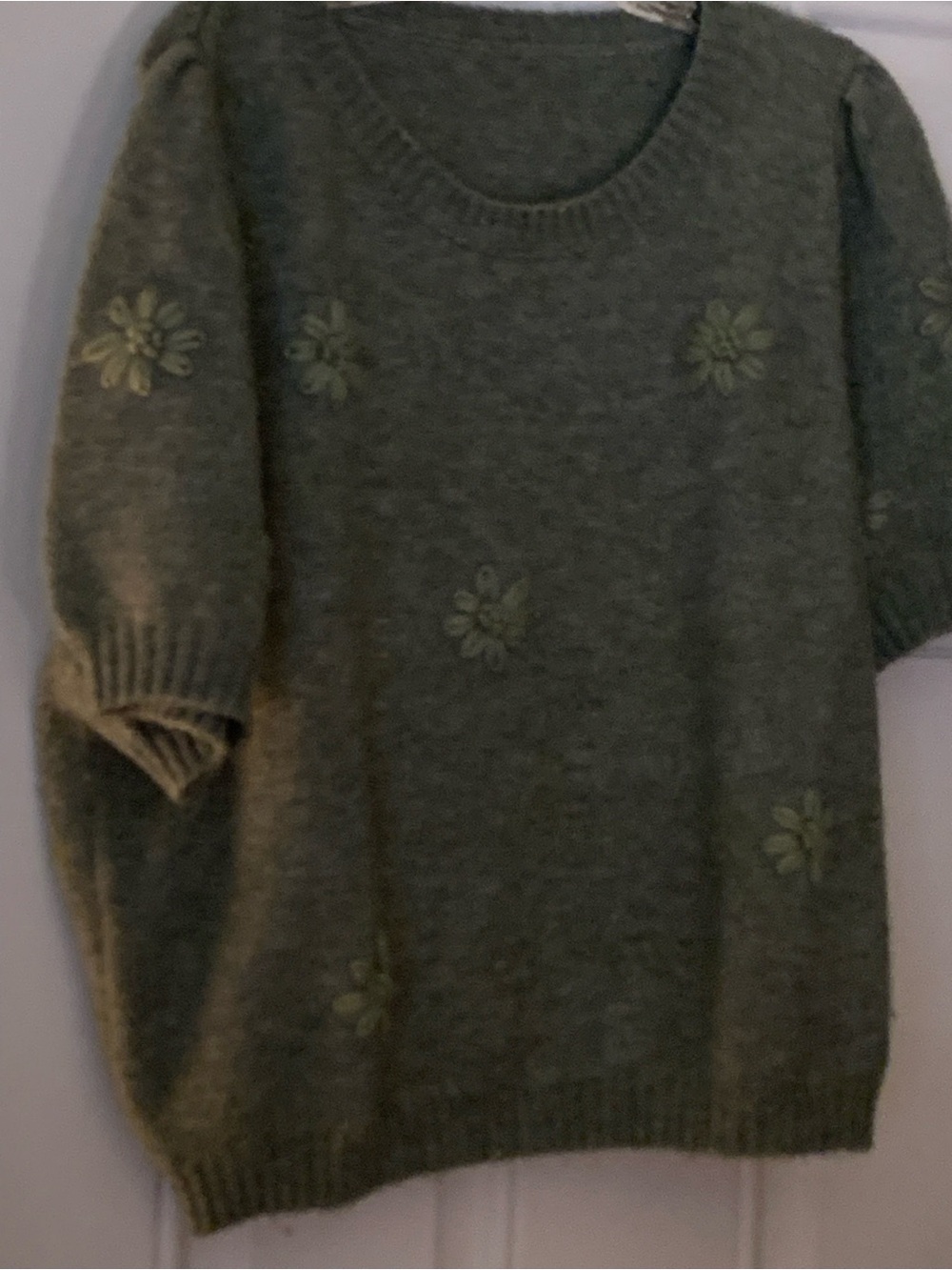 Cider Olive Green Floral Detail Scoop Neck Sweater